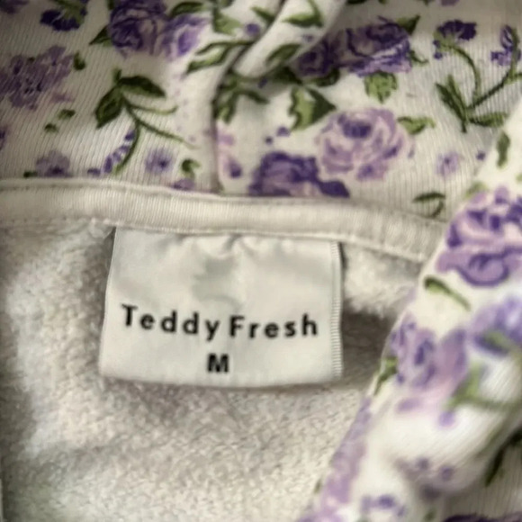 Teddy Fresh sz M purple and white floral pullover hoodie with kangaroo pocket - Picture 8 of 9